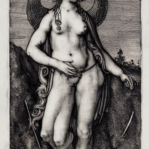 Prompt: albrecht durer, albrecht altdorfer, hans holbein, lucas cranach, gustave dore, engraving-style tattoo of regal female boddhisatva with the attributes of Diana, Athena, Guanyin, Shakti, Deborah, and Seshat, standing gracefully, wearing a robe