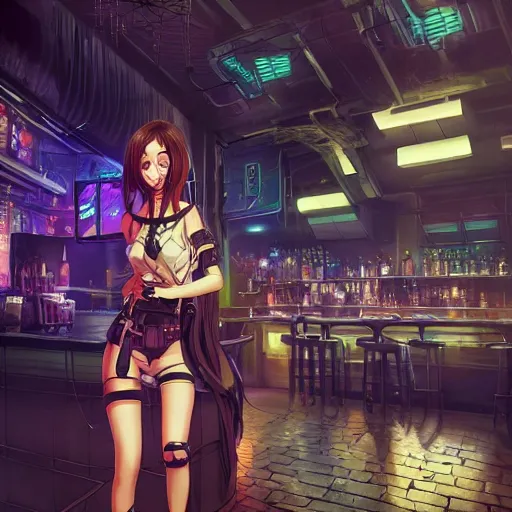 Image similar to Anime Girl in a cyberpunk city bar, full body, beautiful face, fantasy, medieval, vivid colors, elegant, concept art, sharp focus, digital art, Hyper-realistic, 4K, Unreal Engine, Highly Detailed, HD, Dramatic Lighting by Brom, trending on Artstation