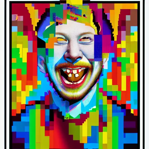 Prompt: a portrait of a laughing man with ginger hair, by ross tran in a cubist style rendered in pixel art, psychedelic, rainbow, swirling splattered colors, otherworldly, abstract