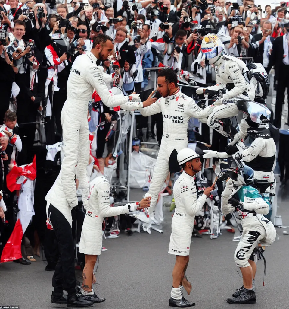 Prompt: A portrait of Lewis Hamilton in his racing uniform being knighted by the queen by Banksy