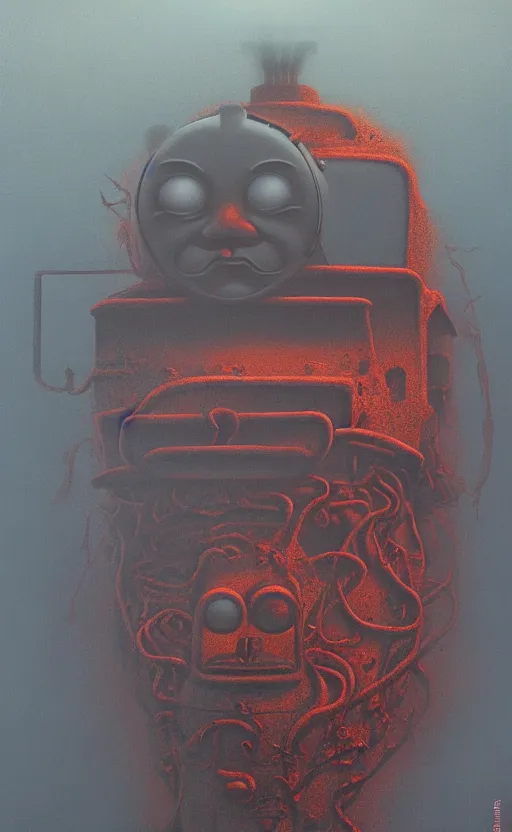 Image similar to thomas the tank engine in style of zdzisław beksinski, extremely dramatic lighting, 8 k, tendrils, black, darkness, black slime tendrils, infected, rust, body horror, thomas the train, thomas the tank engine face, horror,