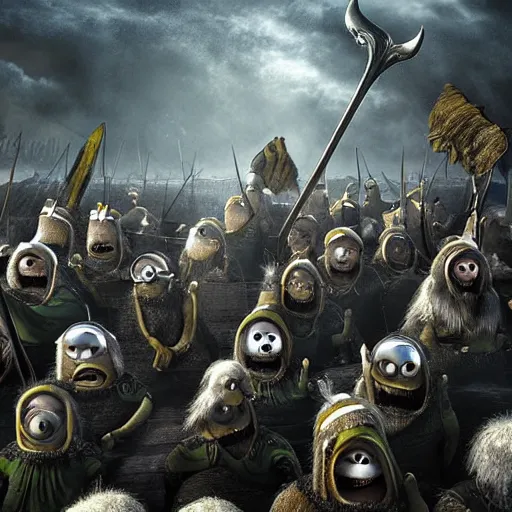 Image similar to The minions in The Vikings Digital art very detailed 4K quality Super Realistic