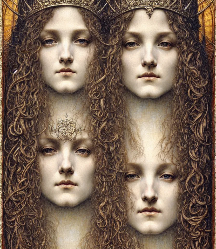 Image similar to detailed realistic beautiful young medieval queen face portrait by jean delville, gustave dore and marco mazzoni, art nouveau, symbolist, visionary, gothic, pre - raphaelite. horizontal symmetry