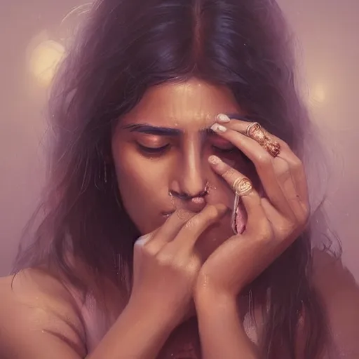 Image similar to Stunning portrait of Beautiful Indian womans face with her hands covering her eyes. Soft render, Greg Rutkowski details, Tears pouring down from her eyes, music album cover, artstation, pixivi