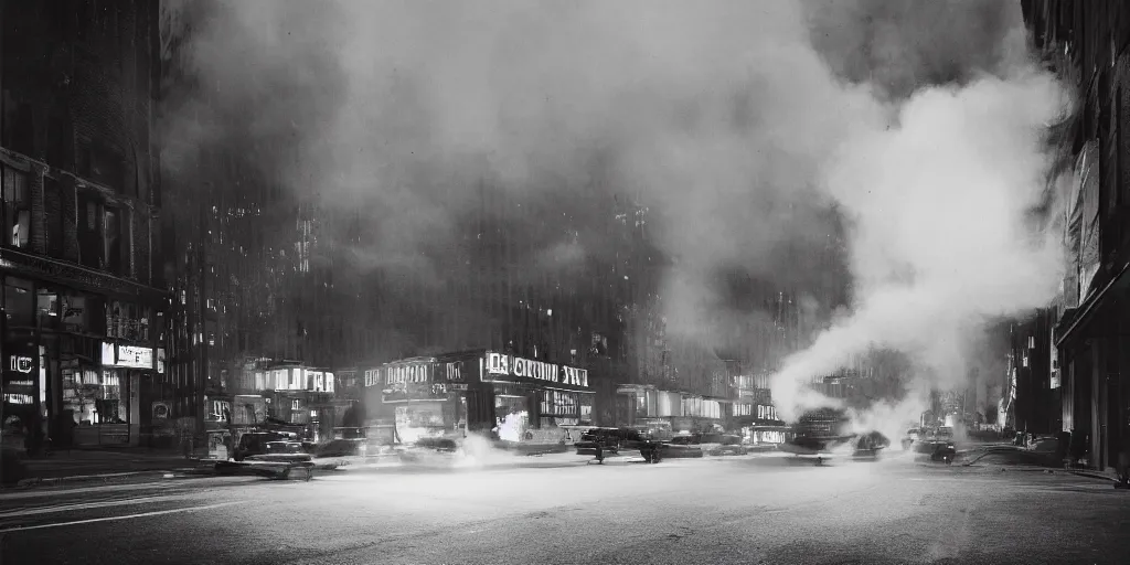 Prompt: a high resolution photo of a new york street at night surrounded with smoke and cars with bright headlights by robert capa, realistic photo, leica, magnum award winning photograph, parallax photography,