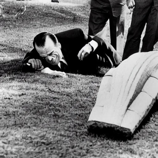 Prompt: president richard nixon crawling out of a grave. photograph. high quality. low angle