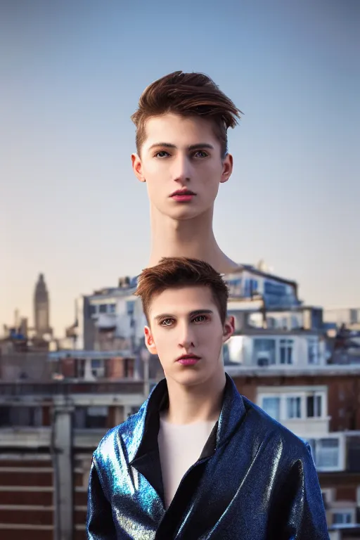 Image similar to un ultra high definition studio quality photographic art portrait of a young man standing on the rooftop of a british apartment building wearing soft baggy inflatable padded silver iridescent pearlescent clothing. three point light. extremely detailed. golden ratio, ray tracing, volumetric light, shallow depth of field. set dressed.