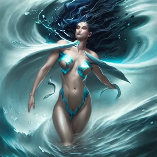 Image similar to fully clothed powerful goddess of water clothed in swirling water striding through a stormy sea, highly detailed matte fantasy painting, stormy lighting, by ross tran and artgerm and peter mohrbacher