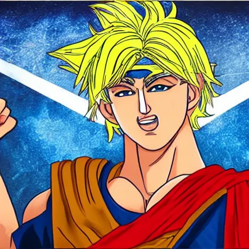 Image similar to photorealistic depiction of alexander the great, with blonde goku hair, style is realistic, colorful, real life