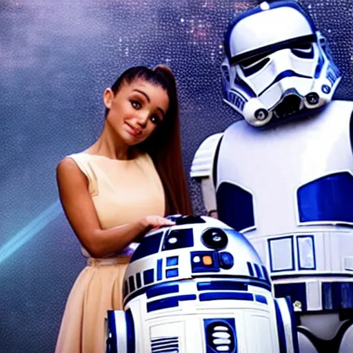 Prompt: a still of Ariana Grande with R2-D2 in a stars wars film