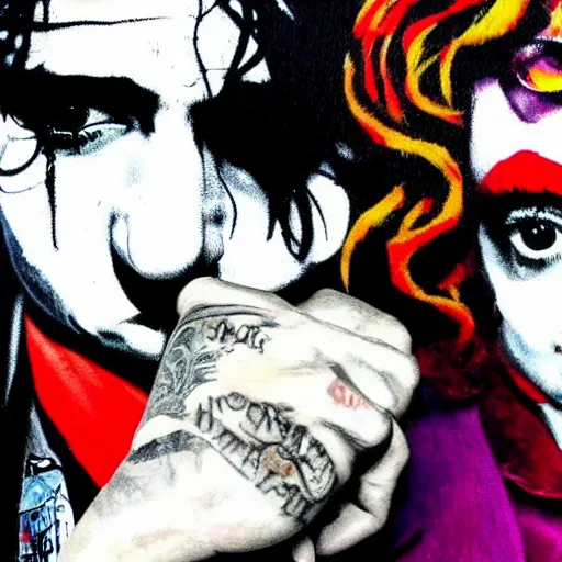 Prompt: mimmo rottela and banksy as joaquin phoenix skinny joker holding hand lady gaga harley queen, photorealistic, intricate details, pop art style, concept art, 3 colors, 4 d, smooth, sharp focus