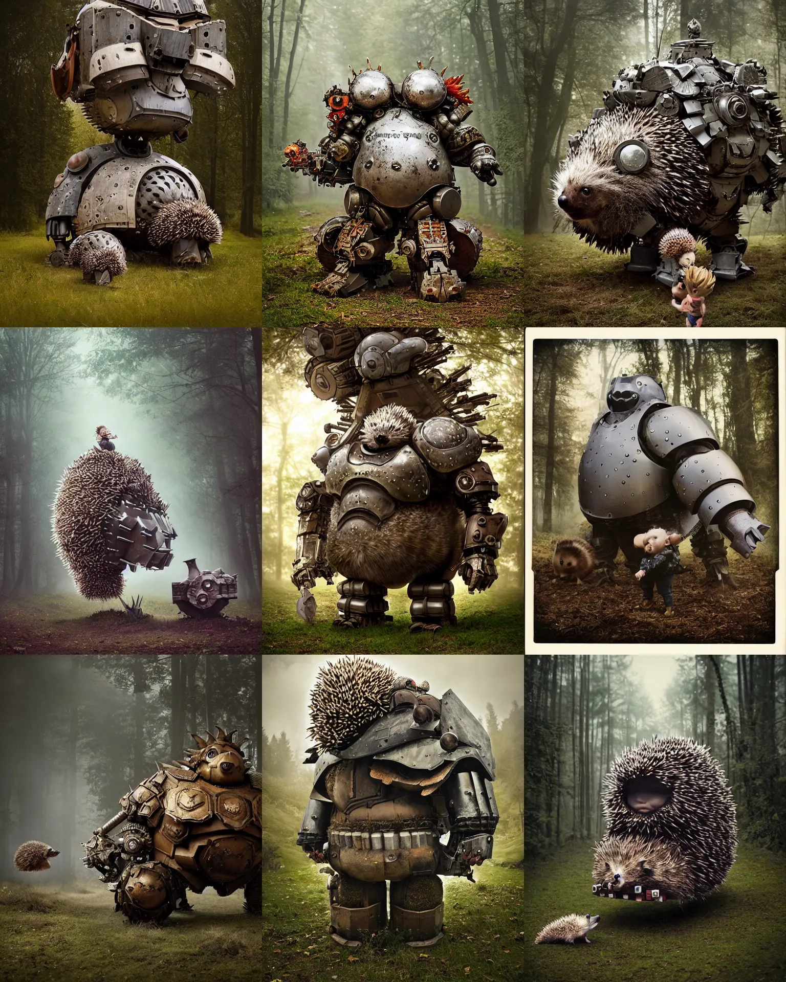 Prompt: giant oversized bulky chubby massive cyborg hedgehog wearing medieval wacky war mech battle armor,and hedgehog babies ,on forest path , full body , Cinematic focus, Polaroid photo, vintage , neutral dull colors, foggy , by oleg oprisco , by thomas peschak, by discovery channel, by victor enrich , by gregory crewdson