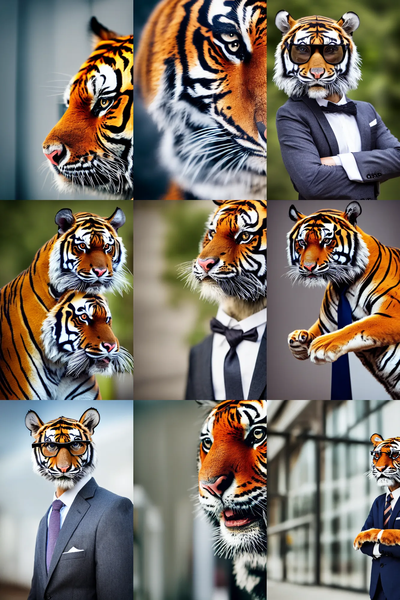 Prompt: high quality portrait photo of a tiger dressed in a business suit and tie, !!wearing stylish spectacles!!, !Anthropomorphic!, photography 4k, f1.8 bokeh, 4k, 85mm lens, sharp eyes, looking at camera