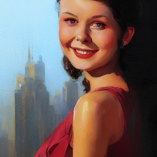 Image similar to closeup portrait of a young vivian leigh, bright smile, chiaroscuro, city background, golden hour, dramatic lighting, complementary contrast, high detail, painted by greg rutkowski, painted by igor kieryluk, trending on artstation