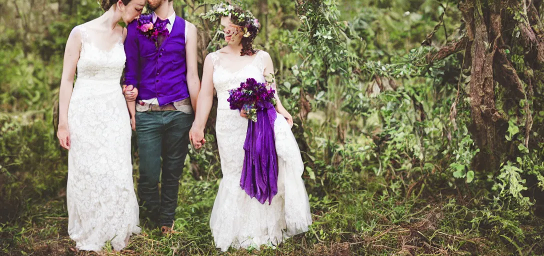 Image similar to modern wedding photography. rustic bohemian. young couple. purple and green. woodsy, old church, flowers.