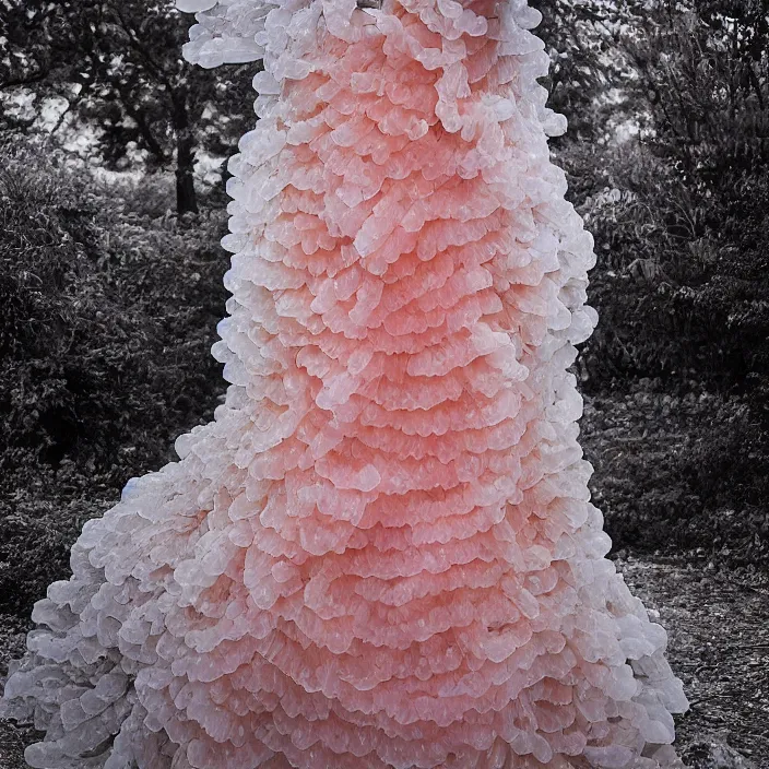 Prompt: a closeup portrait of a woman wearing a dress made of jelly fish and eels, standing in an empty park, color photograph, by vincent desiderio, canon eos c 3 0 0, ƒ 1. 8, 3 5 mm, 8 k, medium - format print