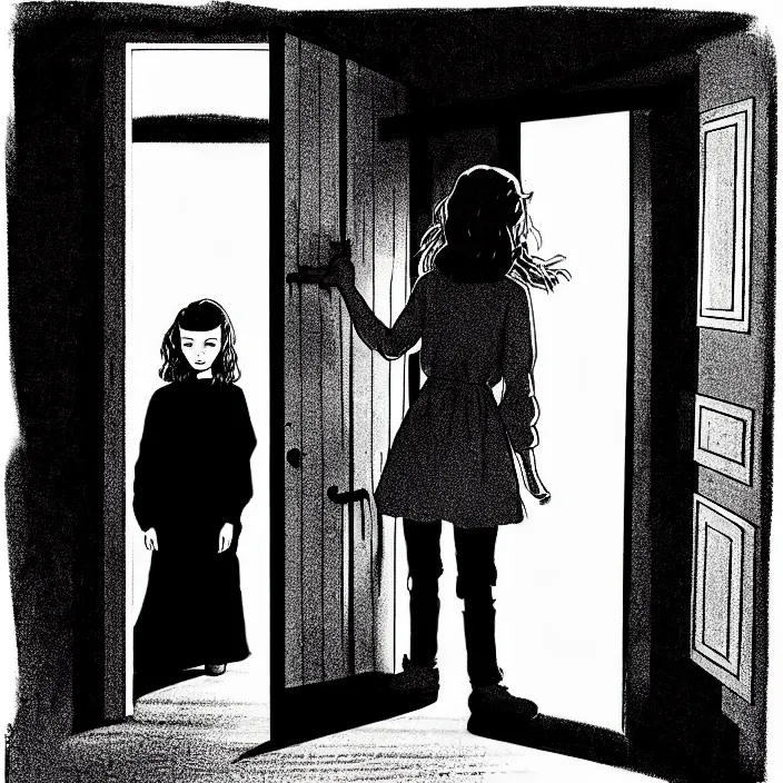 Image similar to [ sadie sink in dirty workmen clothes opens the door to enter ] [ a very dark scary empty dingy 1 9 6 0 s house ]. technique : black and white pencil and ink. by gabriel hardman, joe alves, chris bonura. cinematic atmosphere, detailed and intricate, perfect anatomy