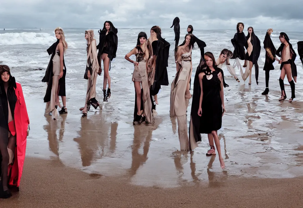 Image similar to fashion editorial in front of giant tsunami waves, on the beach.