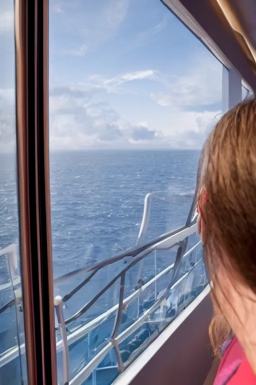 Image similar to a person looking out from a window in a cruise ship cabin