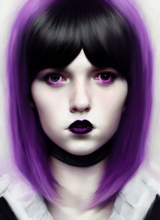 Image similar to portrait of white teenage girl, normal face, black bangs, mall goth, cyberlox, black and white hair, bangs, fluffy bangs, red contacts, purple lipstick, intricate, elegant, highly detailed, digital painting, artstation, concept art, sharp focus, smooth, illustration, art by wlop, mars ravelo and greg rutkowski