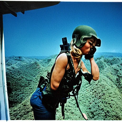 Prompt: film still, extreme far view, britney spears, jungle, vietnam door gunner, apocalypse now, associated press, 2 6 mm, kodak ektachrome, blue tint, expired film,