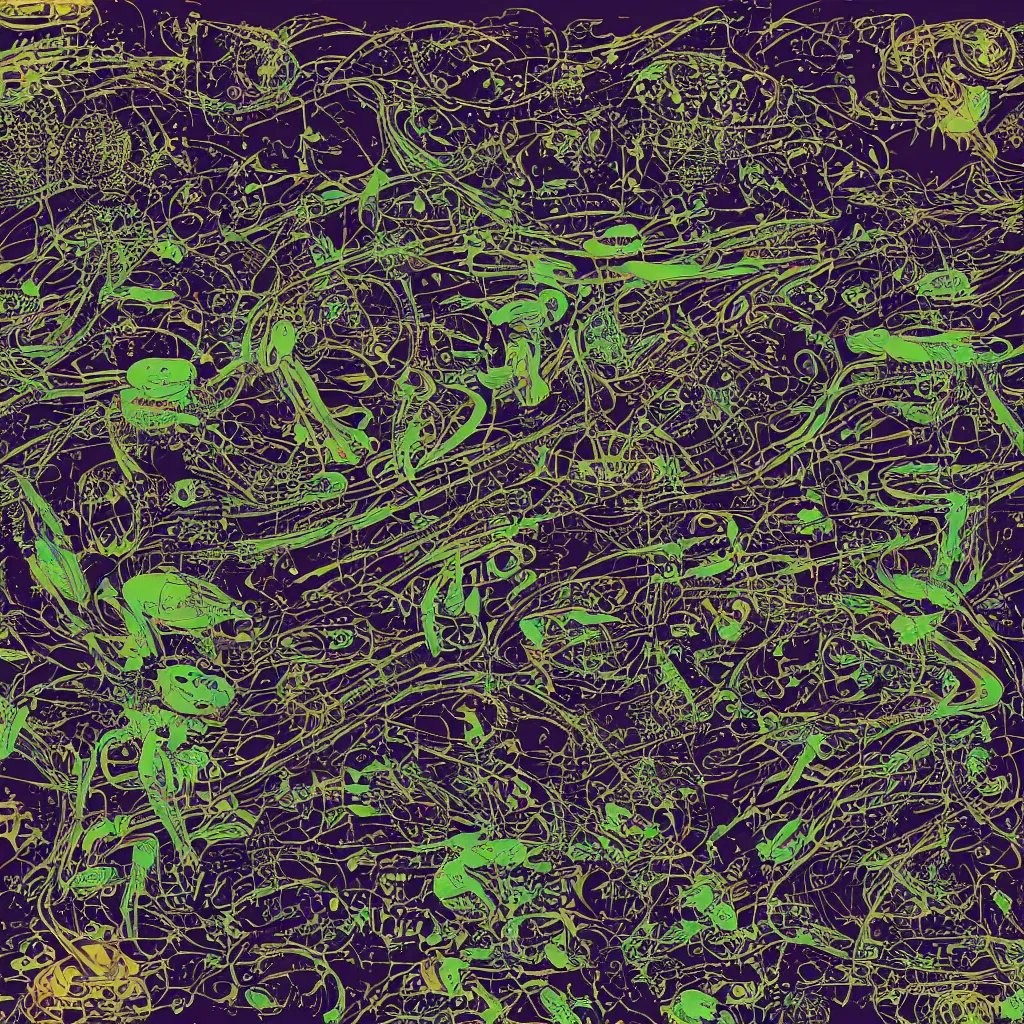 Image similar to toads, big toad, mechanical, technical, abstract, acrylic, oil, circuit board, computers, vektroid album cover, vectors, drips, dimensions, breakcore, leaks, glitches, frogs, amphibians, geometry, data, datamosh, motherboard, code, y 2 k, painting, dark, old web, cyber