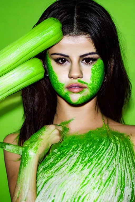 Prompt: selena gomez made out of celery, a human face with celery for hair, a bunch of celery sitting on a cutting board, professional food photography, selena gomez wearing green body paint