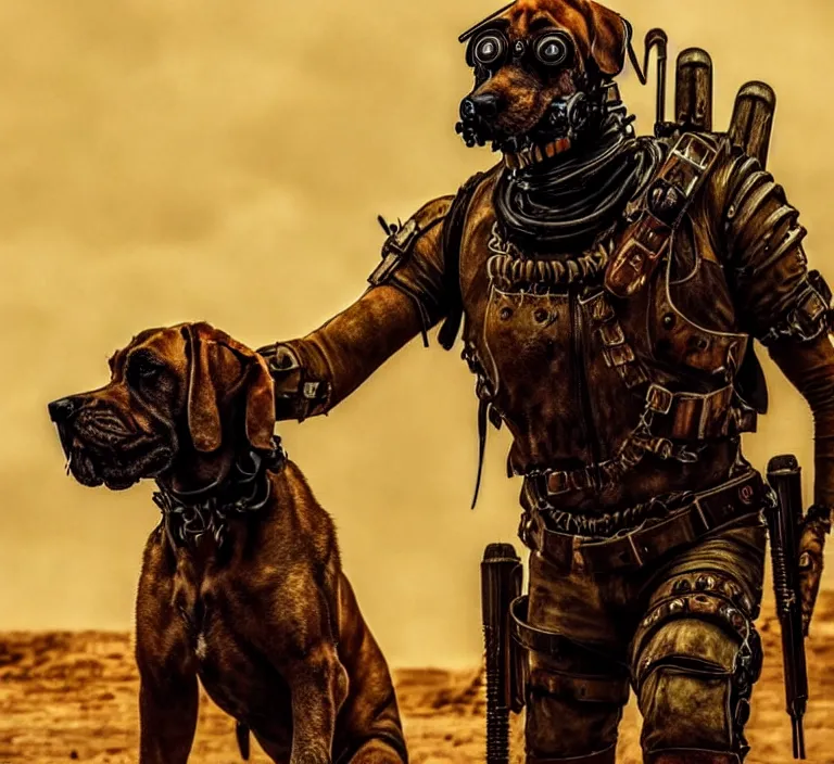 Image similar to a good ol'bloodhound pup fursona ( from the furry fandom ), heavily armed and armored facing down armageddon in a dark and gritty version from the makers of mad max : fury road. witness me.