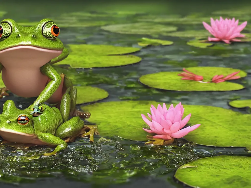 Image similar to frog cute character in water with water lily fireflies around, cute big eyes with details in body, vegetation, water, flying shot, portrait, full shot, symmetrical, frontal, rim light, pixar, octane render, digital art