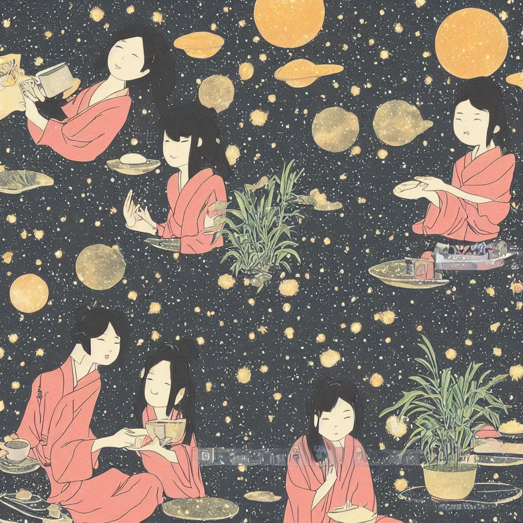 Image similar to Japanese style picture of two sisters reading a book and drinking herbal tea made with celestial fluids in the balcony covered with plant pots which opens up to celestial sky filled with galaxies and planets. A small while do sitting beside them. Scented candles lit around them. Highly detailed. Celestial. Satisfying.