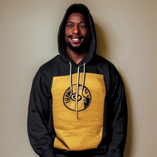 Image similar to cool black guy, wearing a golden kappa hooded sweatshirt, photo inside apartment, digital camera