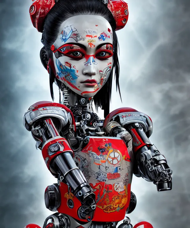 Image similar to an epic fantastic realism comic book style portrait painting of a japanese robotic geisha with kanji tattoos and decals, apex legends, octane render, intricate detail, 4 k hd, unreal engine 5, ex machina, irobot