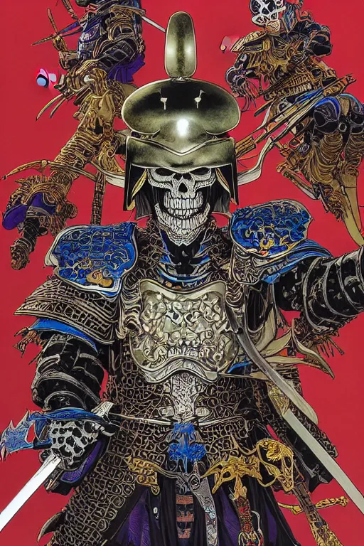 Image similar to portrait of a crazy skeletor warrior with the tang dynasty of china armor and helmet, by yoichi hatakenaka, masamune shirow, josan gonzales and dan mumford, ayami kojima, takato yamamoto, barclay shaw, karol bak, yukito kishiro