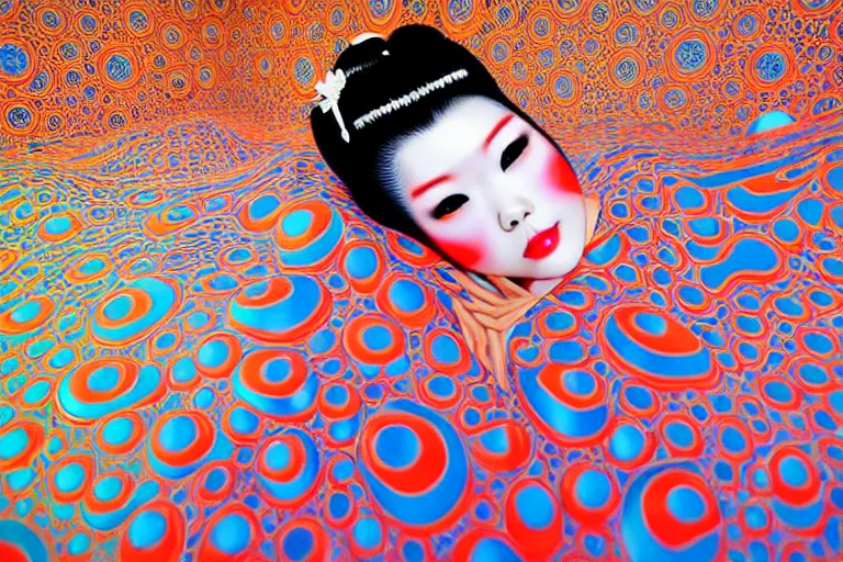 Prompt: hyperrealistic detailed image of a geisha laying in a art installation room, minimal psychedelic background by yayoi kusama, part by kei mieno, part by alex gray, part by ross tran, part by james jean, ultra realistic, highly detailed, life like face, detailed body, 8 k, octane render, trending on artstation, very cohesive, masterpiece