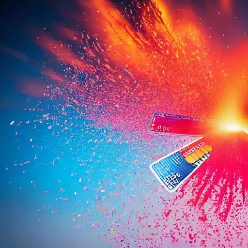 Image similar to credit cards fly through the air at a centered explosion of colorful powder on background by maxvanzwerg