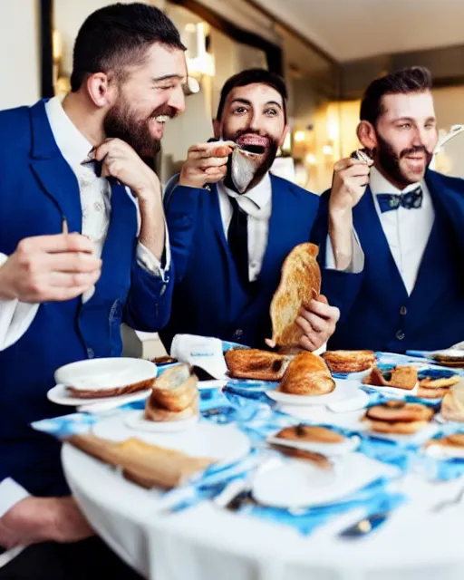 Prompt: a group of well dressed gentleman eating blue toothpaste toasts in a fancy restaurant,