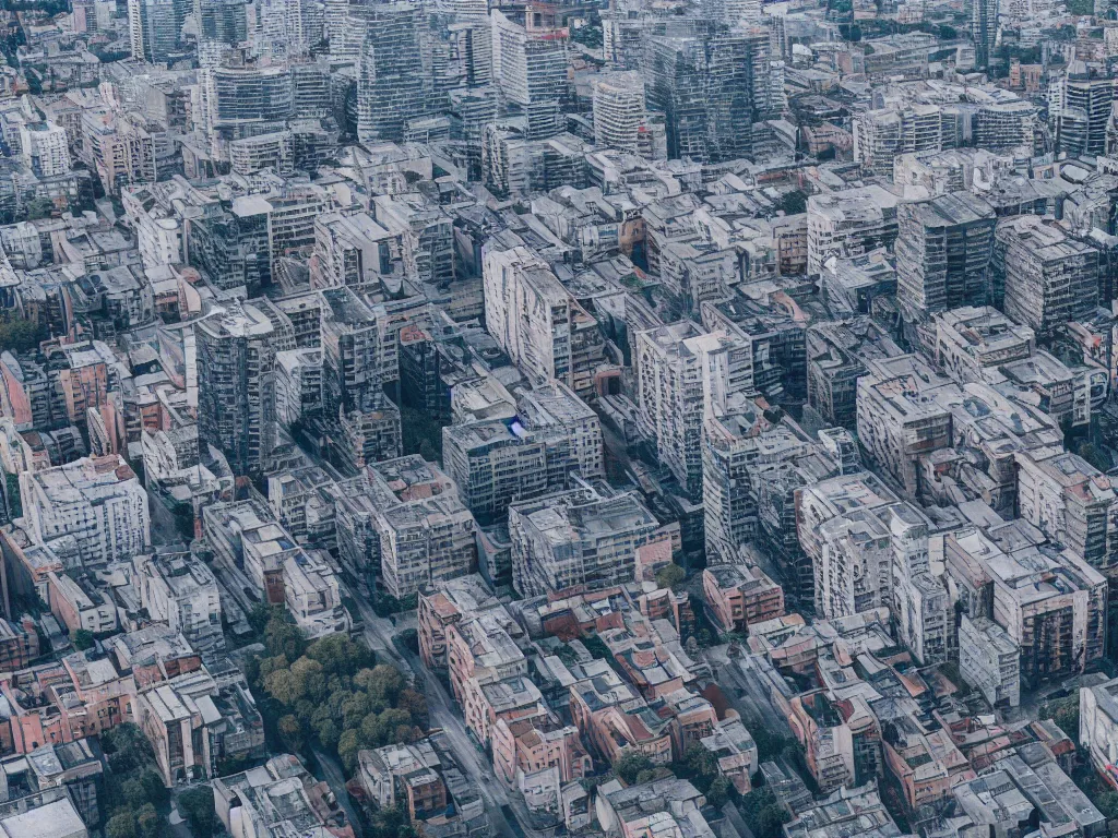 Image similar to drone view of a city, Brutalist architecture 4k