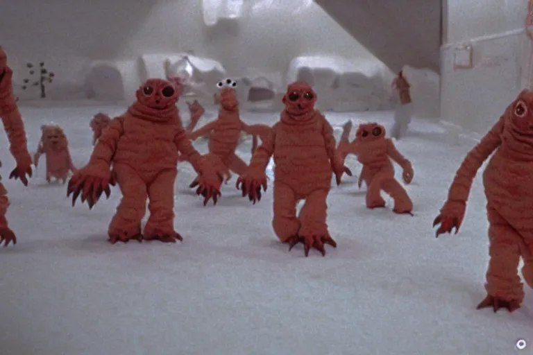 Image similar to scary filmic wide shot angle movie still 35mm film color photograph of a disturbing and horrifying creature scene from The Thing 1982 in the style of a horror film