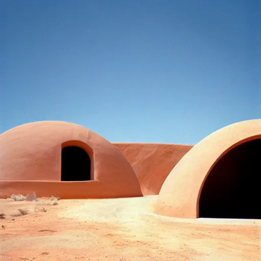 Image similar to a Non-Euclidean orb-like clay building sitting in the desert, vintage photo, beautiful cinematography, blue sky, film grain, extreme wide shot, far away, in the distance, James Turrell