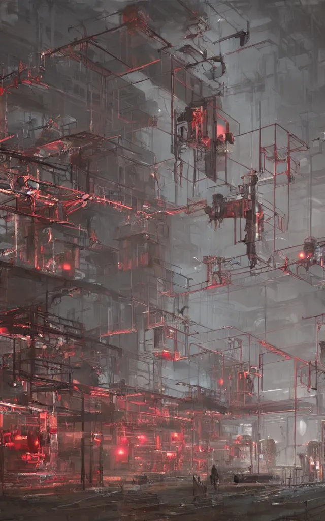 Image similar to dystopian factory building robots, with suspended rails and hanging mechanical parts, robotic arms, red leds, concept art by craig mullins, gloomy, neon lights