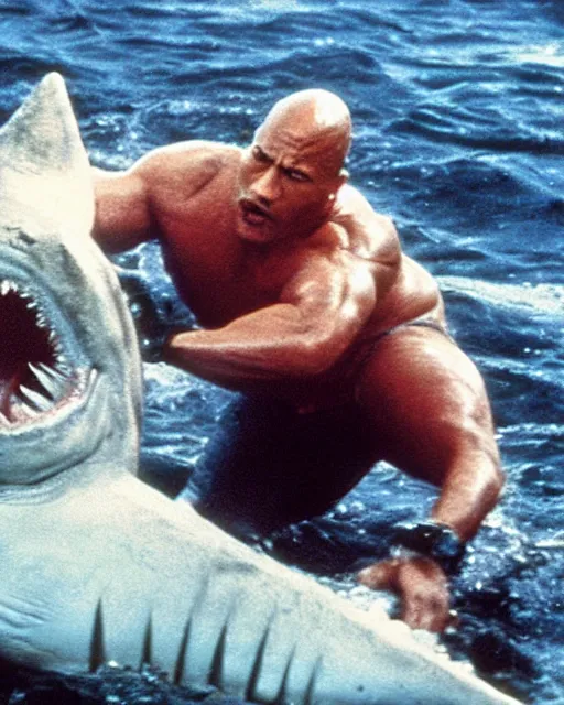 Image similar to film still close up shot of dwayne johnson wrestling a shark in the movie jaws. photographic, photography