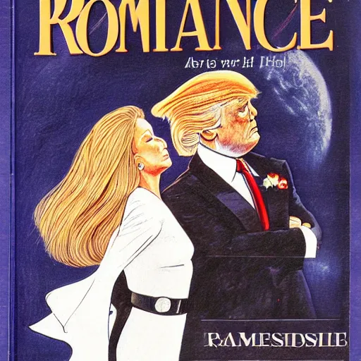 Image similar to a romance novel cover from 1 9 8 3, paperback, drawing, trump and darth vader on the cover, romantic