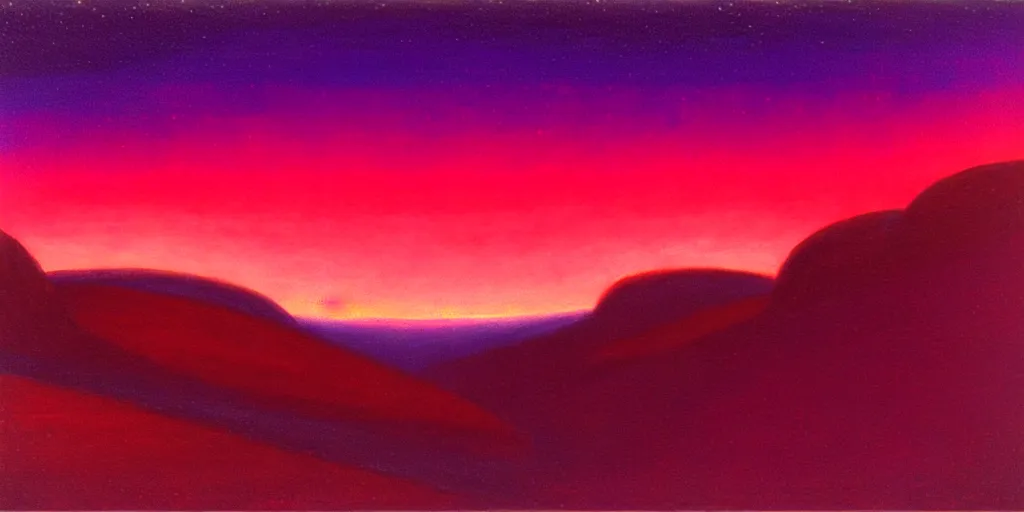 Image similar to a curved perspective cartoon paul lehr narrow night landscape with farawaymountains