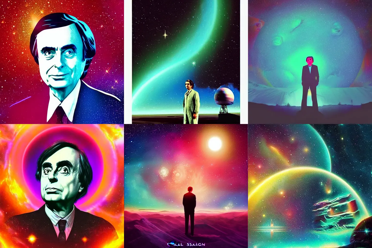 Prompt: “carl sagan in cosmos, beautiful digital art, synthwave vhs, by mad dog jones”