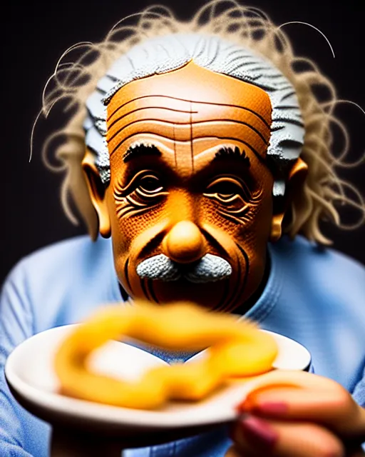 Image similar to A photo of Albert Einstein eating jalebi, highly detailed, trending on artstation, bokeh, 90mm, f/1.4