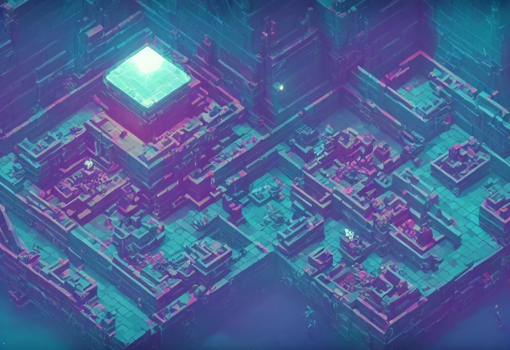 Image similar to isometric magicavoxel bloodborne no mans sky large room, vaporwave, cinematic lighting, 4 k