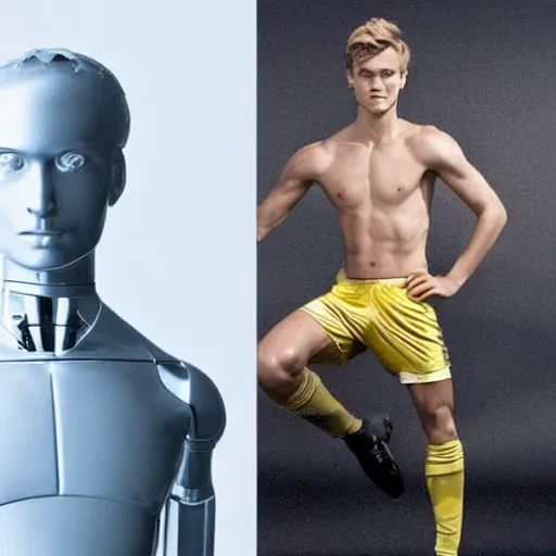 Image similar to a realistic detailed photo of a guy who is an attractive humanoid who is half robot and half humanoid, who is a male android, soccer player martin ødegaard, shiny skin, posing like a statue, blank stare, in a living room, on display, showing off his muscles, gold soccer shorts