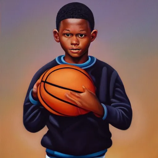 Image similar to a painting of a young boy holding a basketball, a fine art painting by kadir nelson, featured on dribble, american realism, oil on canvas, art, detailed painting