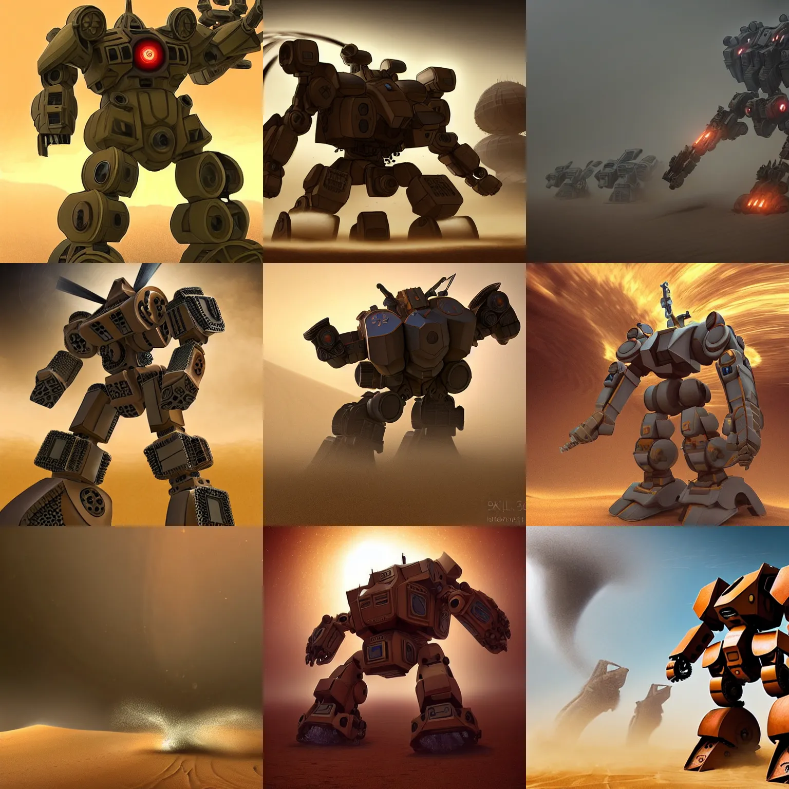 Prompt: intense heavy thick dense sandstorm swirling, spinning rotating, interwoven and covering a mega mech warrior,