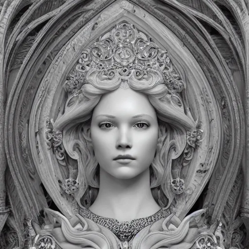 Image similar to wonderful princess made of marble, beautiful face, hyper detailed, flowing background intricate and detailed, ornate 8 k gorgeous intricate detailed, octane render, black and white